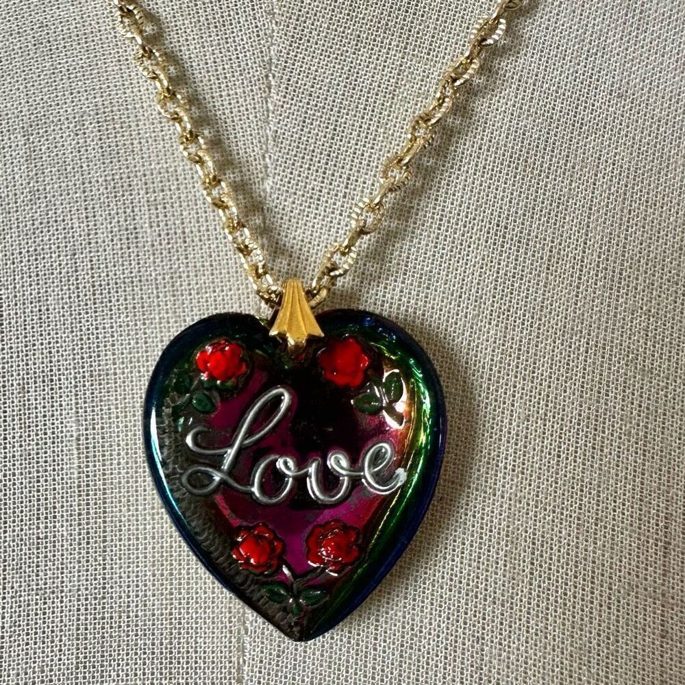 Rainbow Iridescent Glass Heart “Love” Pendant Necklace